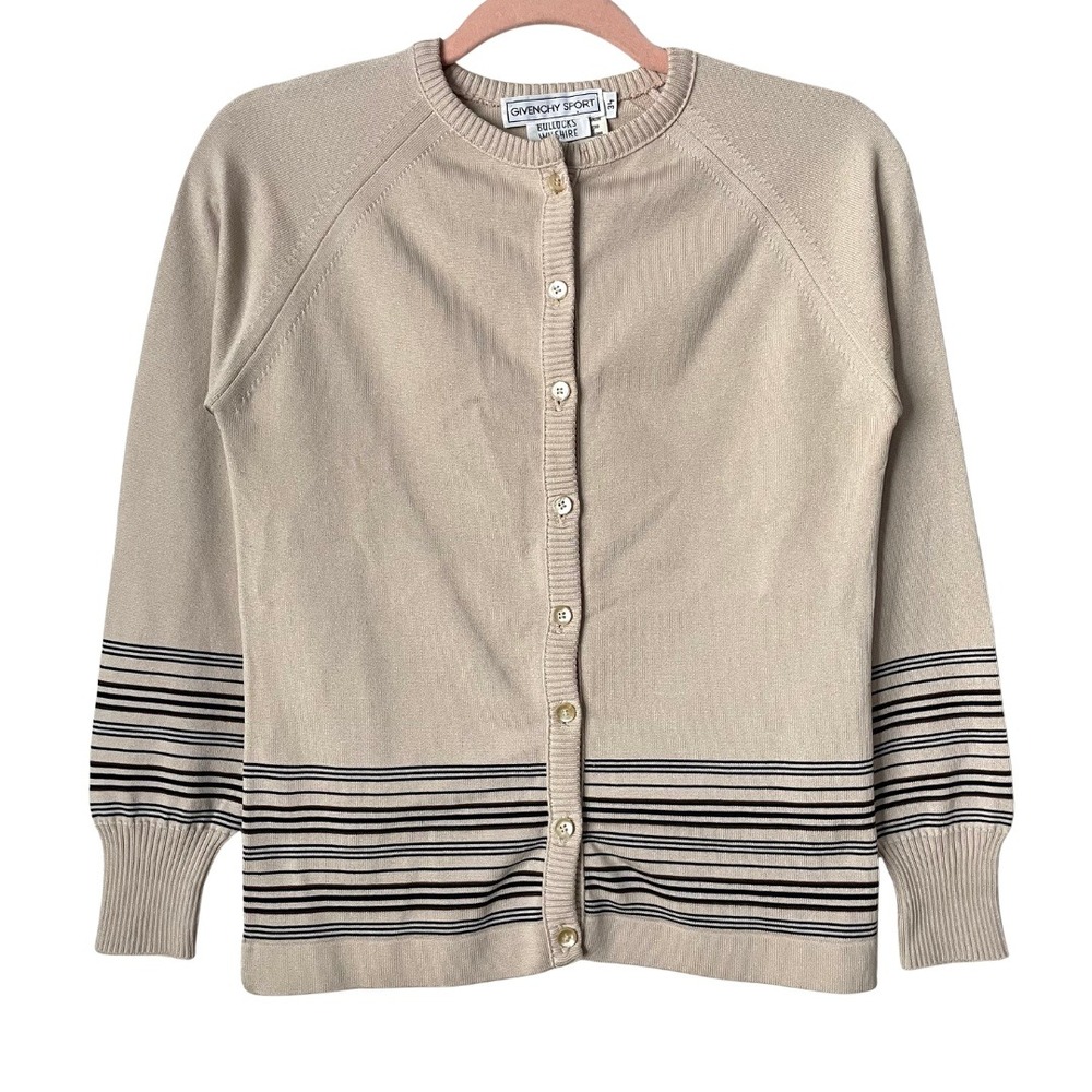 Vintage Givenchy Sport Cardigan Sweater Womens 34 XS Beige Striped Preppy Twee